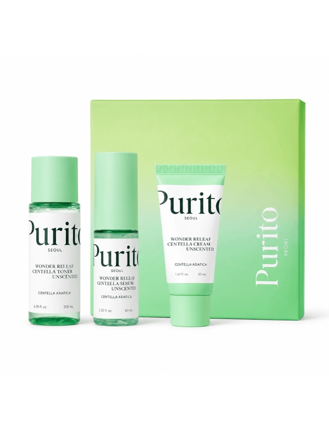 PURITO SEOUL Wonder Releaf Centella Mini Kit Unscented(serum15 Ml+toner30 Ml+ Cream15 Ml)
